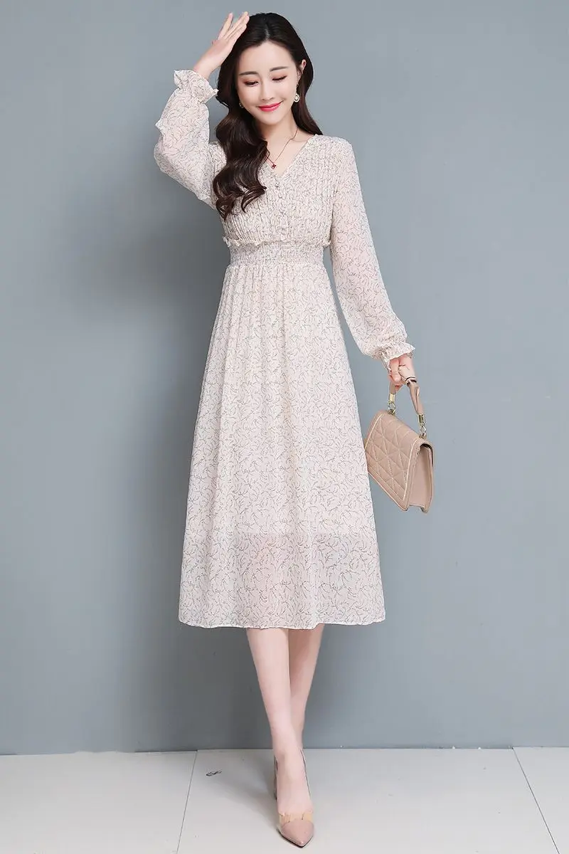 

COIGARSAM 3XL Plus Size Chiffon Women dress New Spring Floral Print High Waist V-Neck Dresses White Pink 230