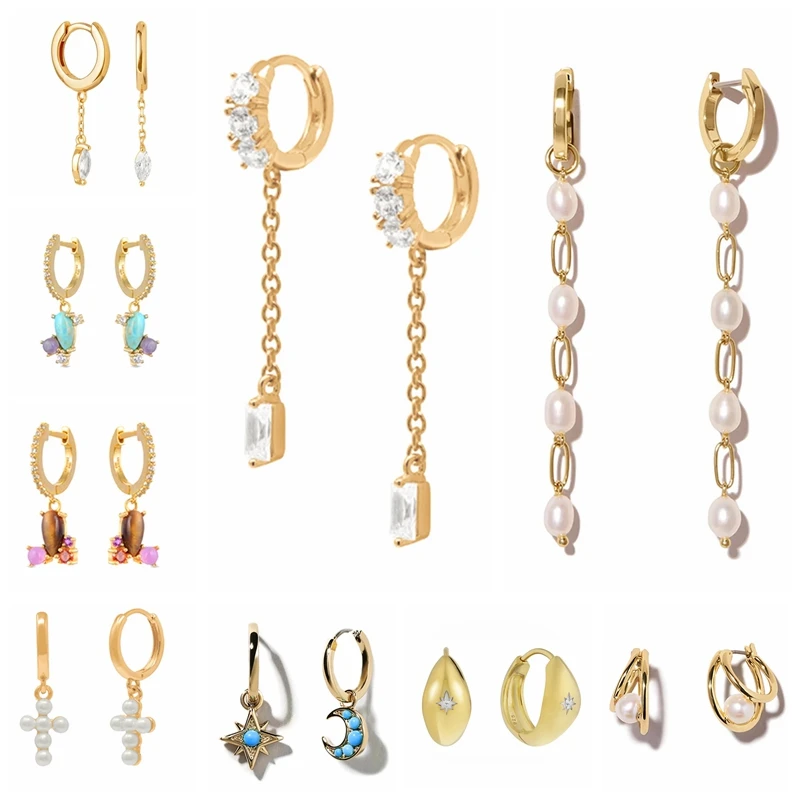 

MC Man-made Pearl Earrings Women 925 Sterling Silver Ear Hoops with Colorful Chain Zircon Star Moon Pendant for Lady Girls Gift