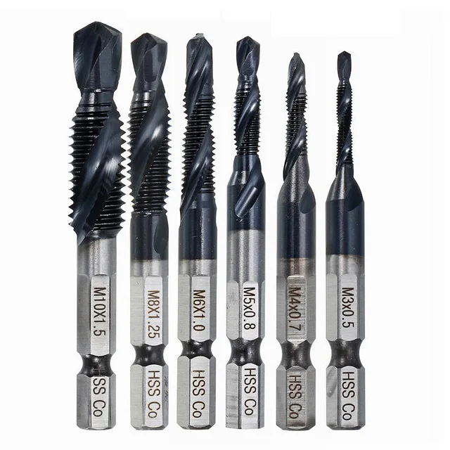 

Fixmee 6PCS M3-M10 Screw Tap Drill Bits HRC89 TiAlN Coated HSSCO M35 Cobalt Taps Metric Combination Bit 1/4" IN Hex Quick Change