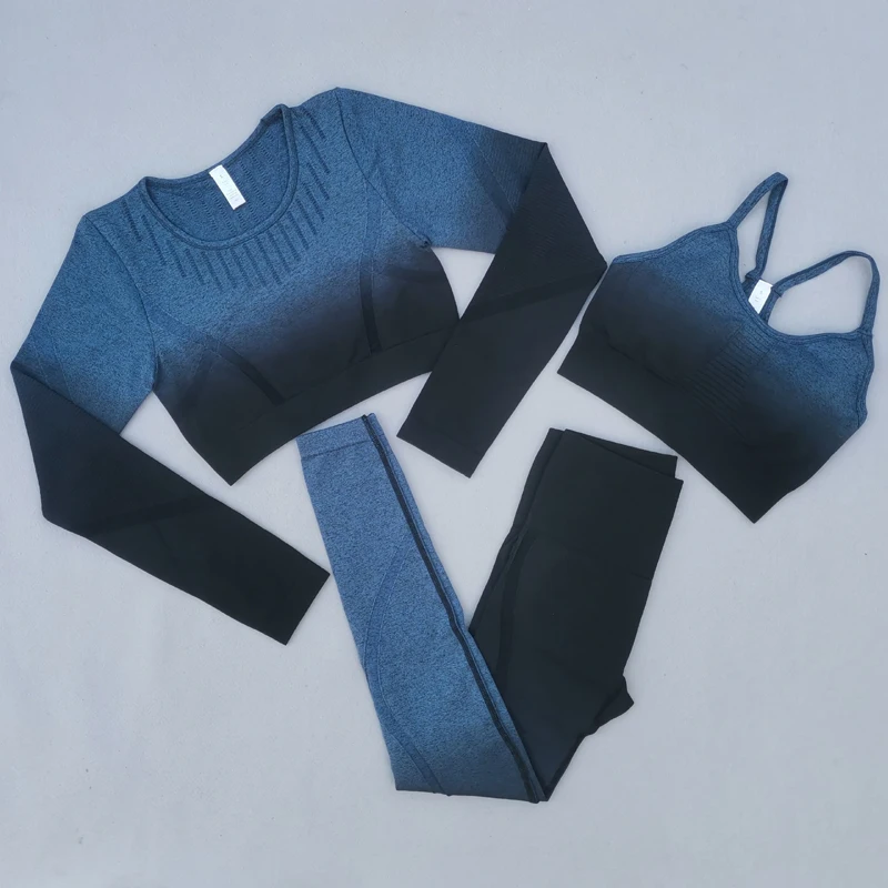 

Ombre Seamless Yoga Set Women Gym Clothing Workout Set Long Sleeve Crop Top Sports Bra High Waist Fitness Leggings Sports Suits