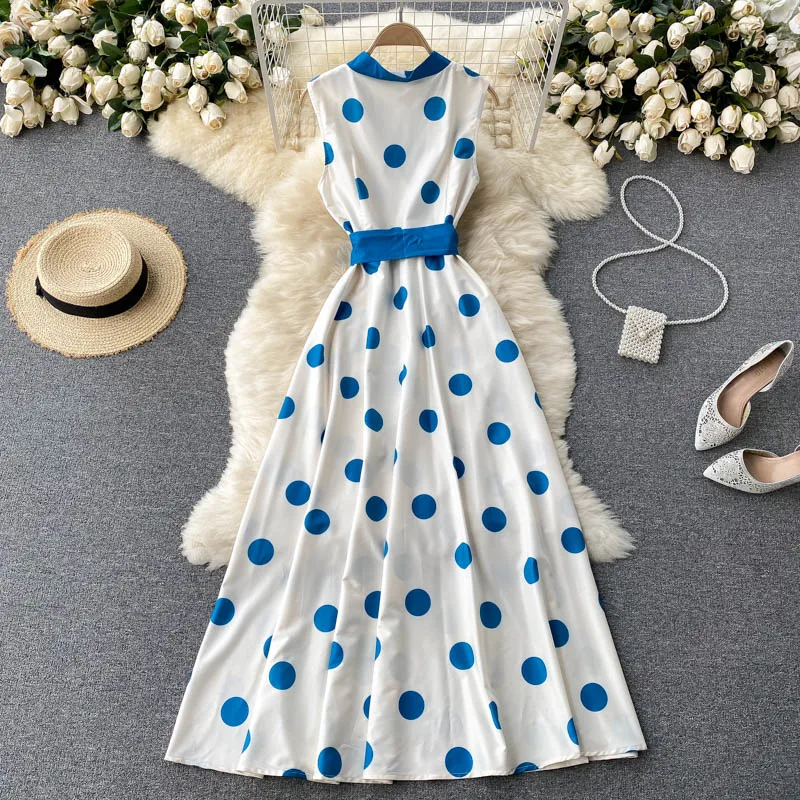 

Fashion Designer Summer Clothes 2021 Sleeveless Lace-Up Polka Dot Print Long Holiday Dress Women's Party Casual Vintage Vestidos