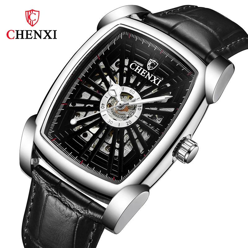 CHENXI new casual sports men's watch leather strap automatic mechanical watch fashion square hollow waterproof watch