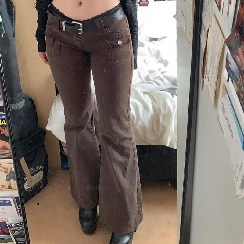 

vintage black low rise striped flare denim pants mall goth indie aesthetic pockets patchwork jeans women y2k wide leg trousers