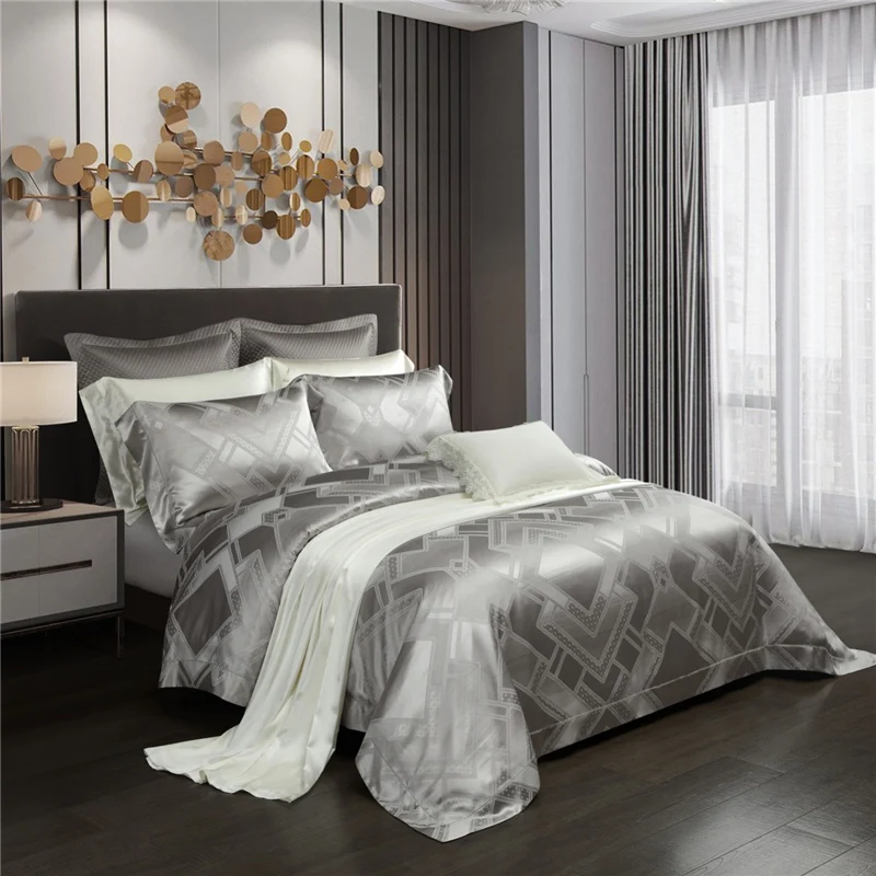 melhor 2020 50% De Seda De Luxo Jacquard Jogo De Cama Tencel Suave Gloss Conjuntos Capa De Edredão Fronhas Folha De Cama King Size 4Pcs