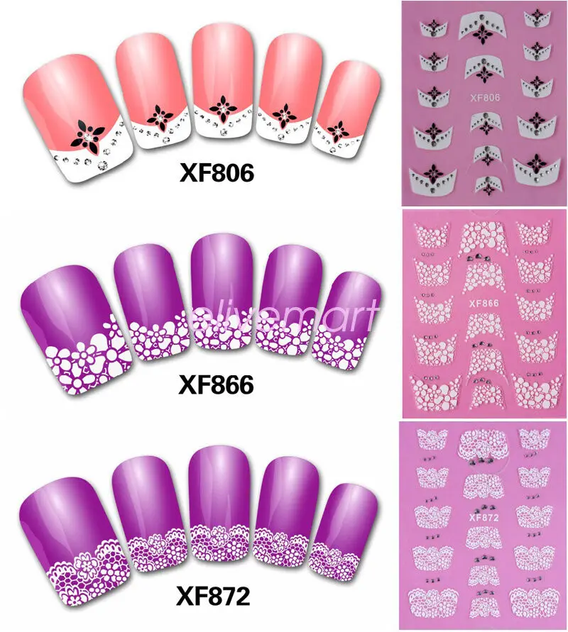 

Профессиональные Стикеры для ногтей 10 листов, 3D стикеры для дизайна ногтей, стразы во французском стиле, белые, серебряные цветы, стразы для ...