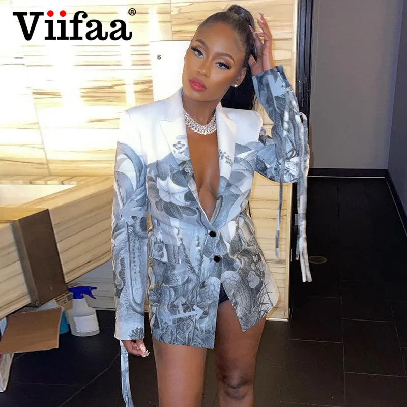 

Viifaa Botanical Print Button Up Casual Blazers for Women 2021 Elegant Jackets Spring Autumn Going Out Fashion Streetwear Coat