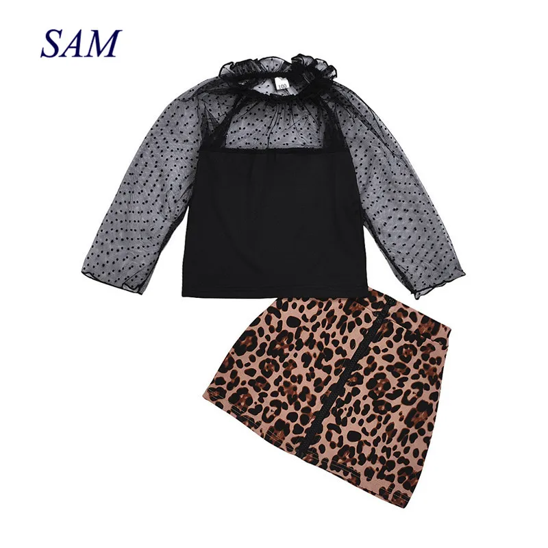 

2020 spring girls suit fashion children's lace long-sleeved hollow tops + leopard skirt 2 pcs clothing sets kids ins clothes