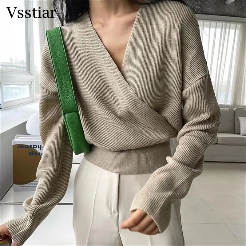

Vsstiar Cross V Neck Khaki Sweaters Winter Long Sleeve Casual Knitted Fashion Crop Top Female Elegant Jumpers Autumn Pullover