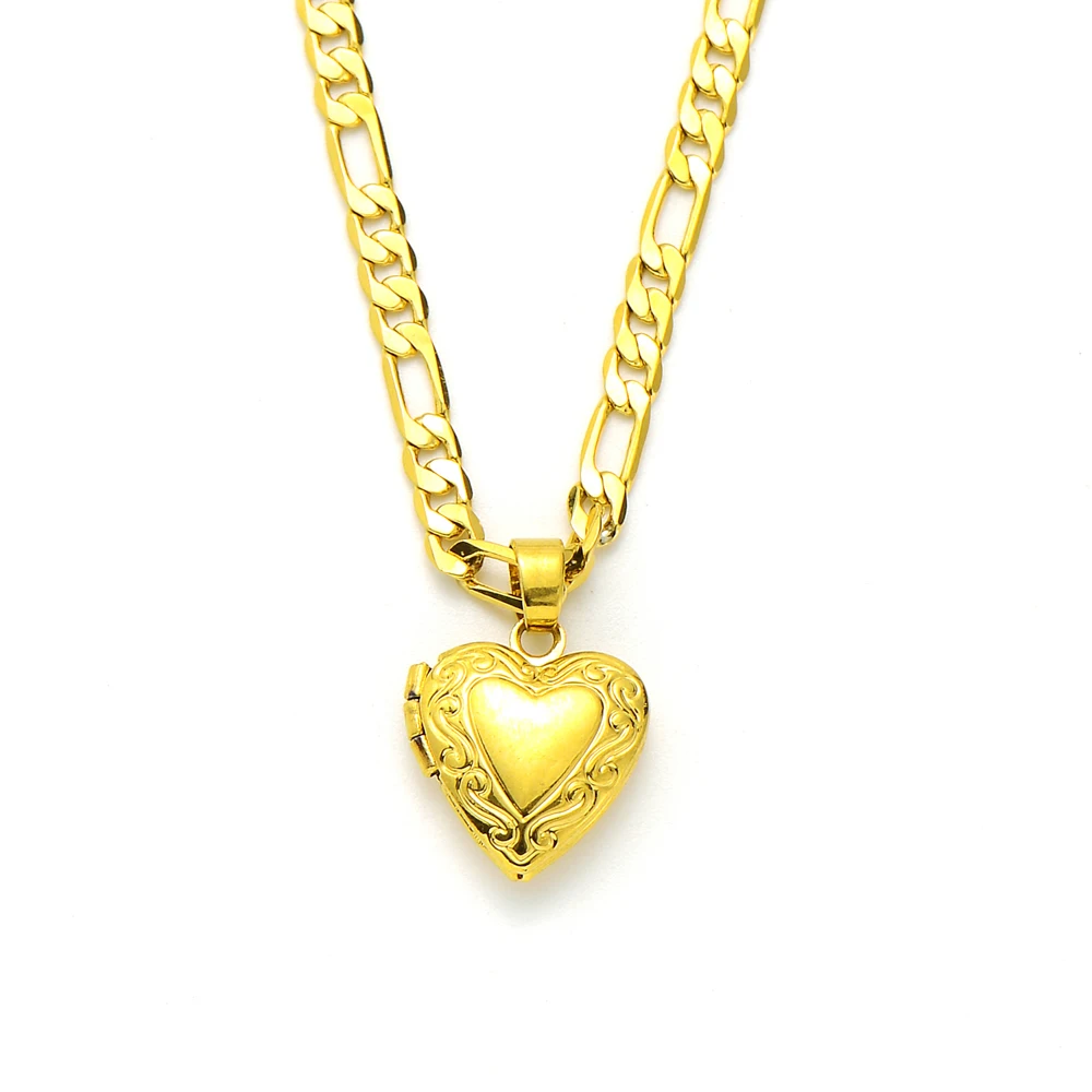 

Womens Lines Heart Pendant 14k Solid Yellow Gold GF Italian Figaro Link Chain Necklace 24" 3 mm