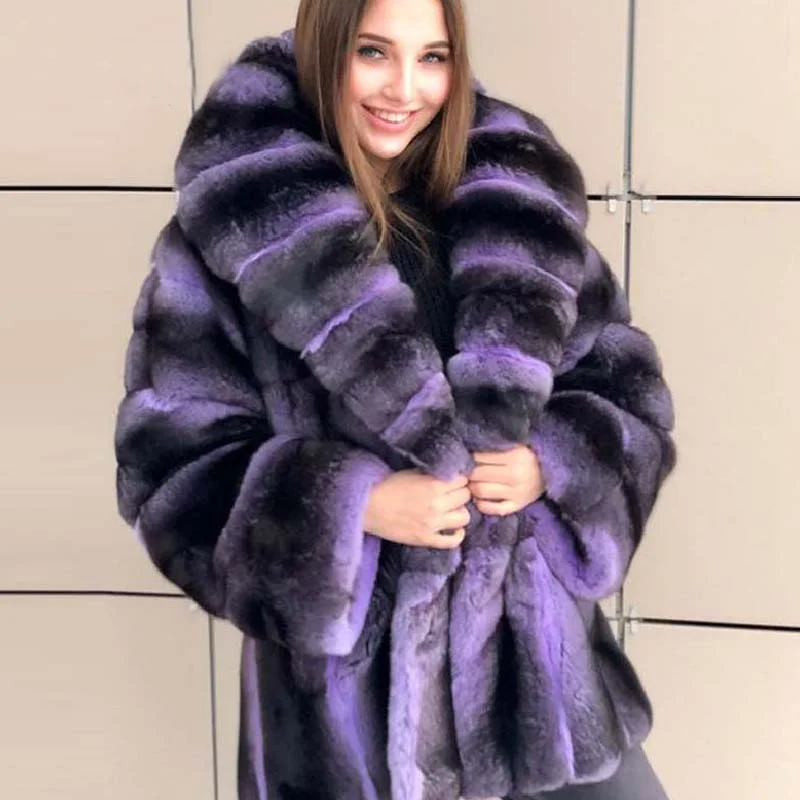 Enlarge Fashion Purple Color Natural Rex Rabbit Fur Coat Medium Length Women Genuine Full Pelt Rex Rabbit Fur Jacket with Big Collar