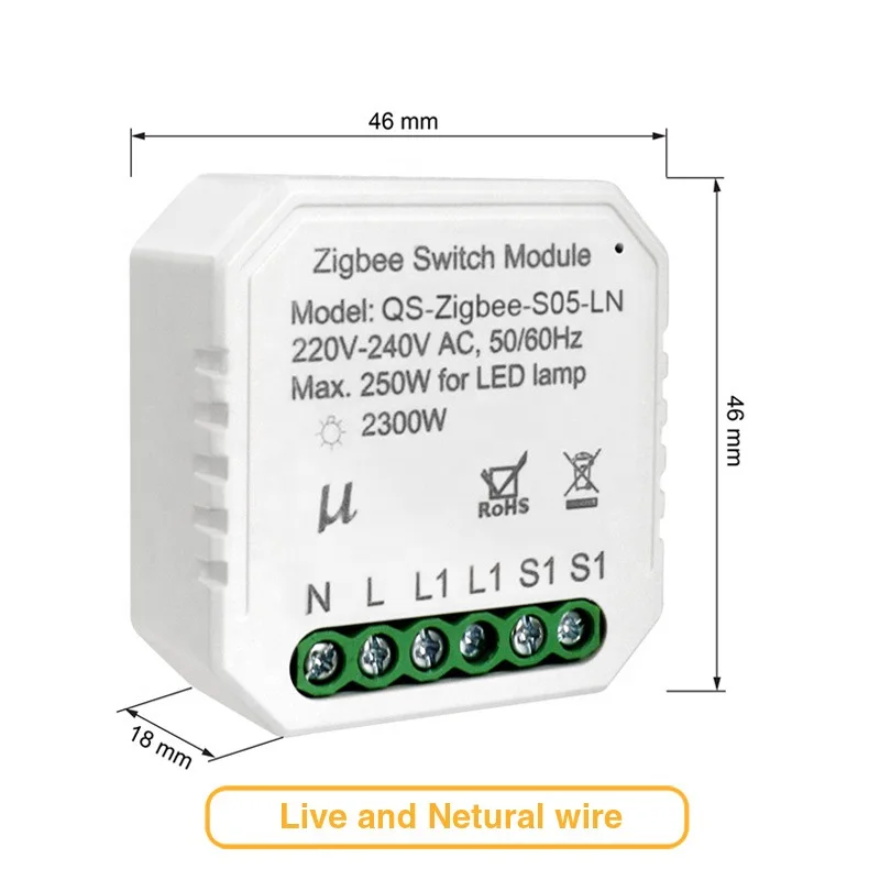 

Zigbee Smart Switch Module with Neutral Wireless Light Switch Relay Tuya Smart Life APP Control for Google Home Alexa