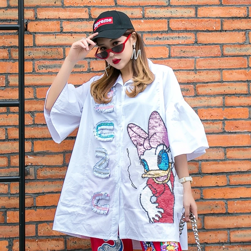 

Graffiti Cartoon Sequin Women'S Shirts 2021 Summer Patched Tops Female Fashion Casual Loose Blouses + Rabbit Print Pants