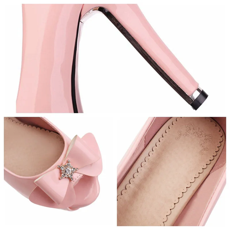 

REAVE CAT Summer Woman Sexy Pumps Peep Toe 12cm Square Heels Silp on Bowtie Rhinestone Platforms Plus size 34-43 Casual A3050