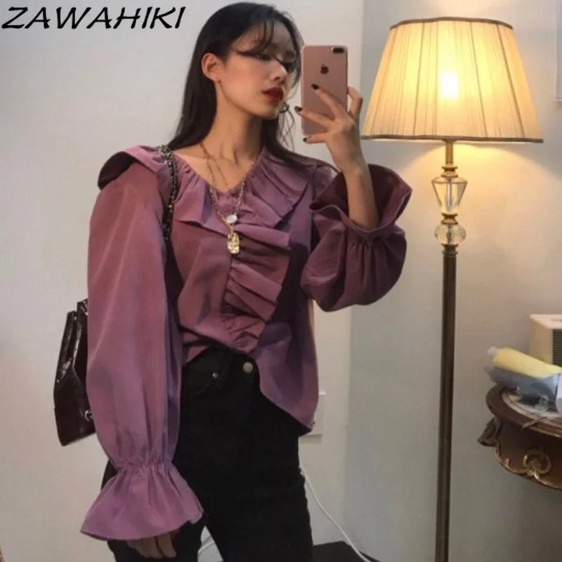 

Осенние винтажные свободные женские топы zawхиты, элегантные однотонные короткие блузы с V-образным вырезом и оборками, Женский пуловер с рас...