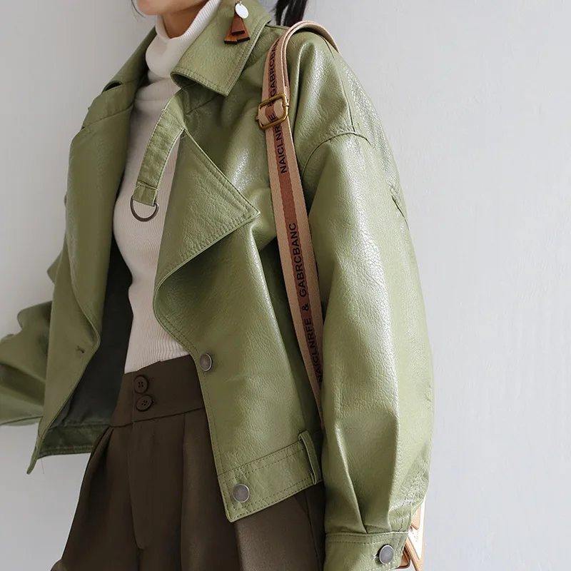 CGC 2021 Casual Streetwear Soft PU Leather Jacket Women Autumn Simple Short Slim Motorcycle Jackets Leather Coat Female Outwear