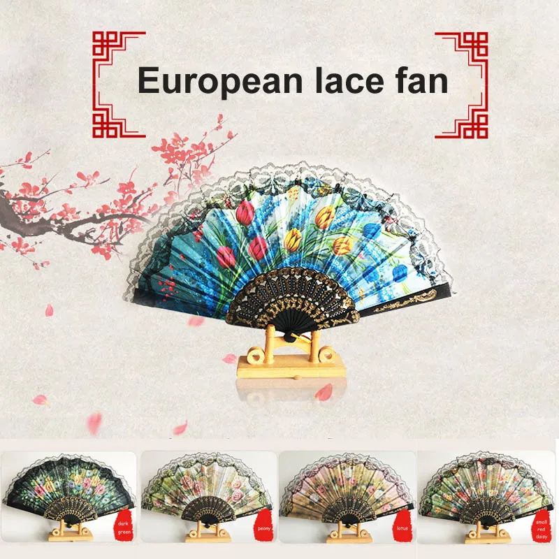 

1pcs Folding Hand Flowers Landscape Pocket Fans Summer Vintage Ornaments Decorative Fans Dance Folding Fan Lace Silk