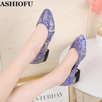ashiofu handmade vintage block heel ladies pumps stretch leather party prom slip on shoes evening daily wear fashion court shoes