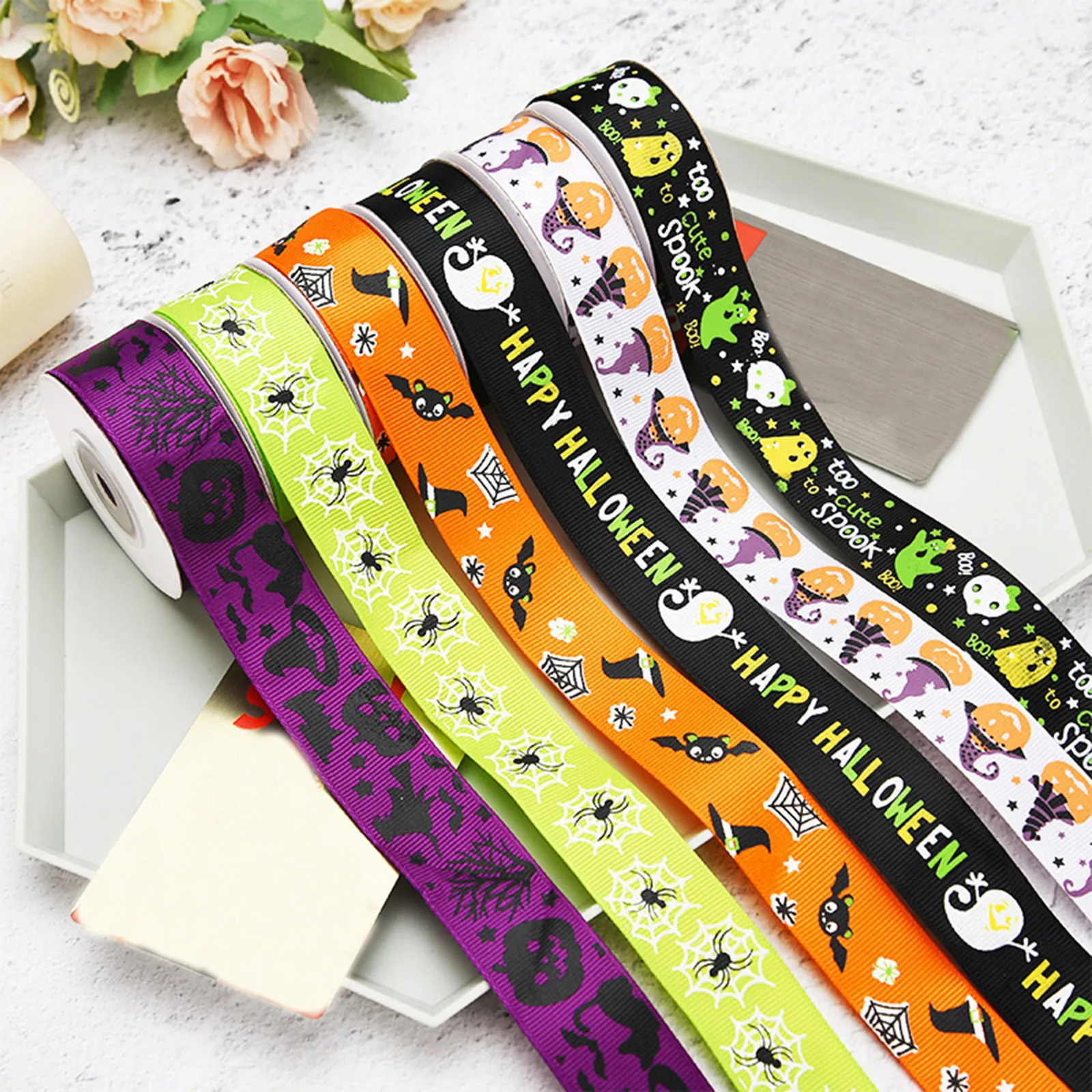 

Halloween Theme Grosgrain Ribbon Pumpkin Ghost 25/10mm Printed Ribbon Holiday Decorations Materials Home Textile Ribbon