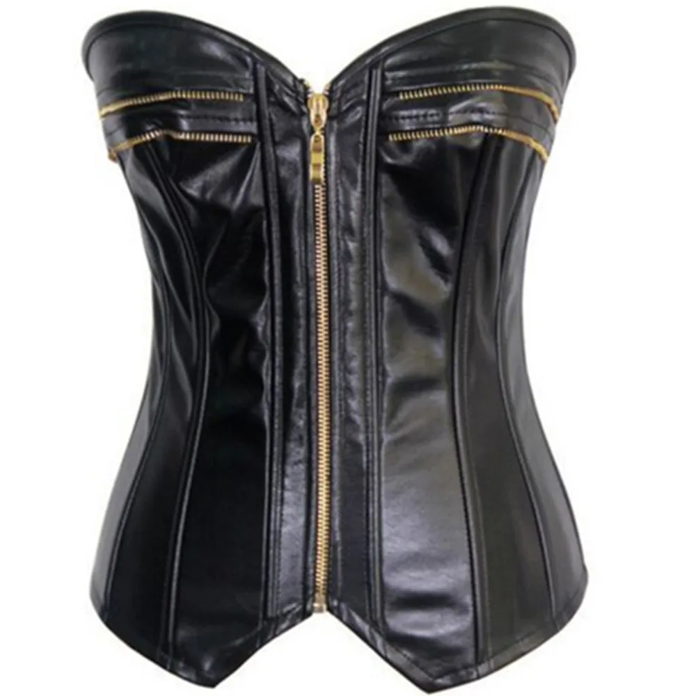 

Hot!Steampunk corselet Women Strapless Black Lace up Faux Leather Overbust Zipper Corset Bustier Top Women Shaper Lingerie