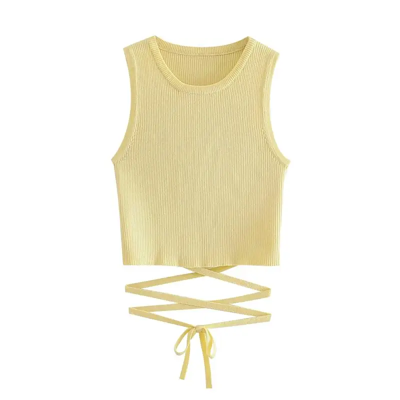 

2021 New Women Fashion Solid Color Short Knitting Tank Lady Summer Hem Bandage Sleeveless Vest Crop Tops Streetwear