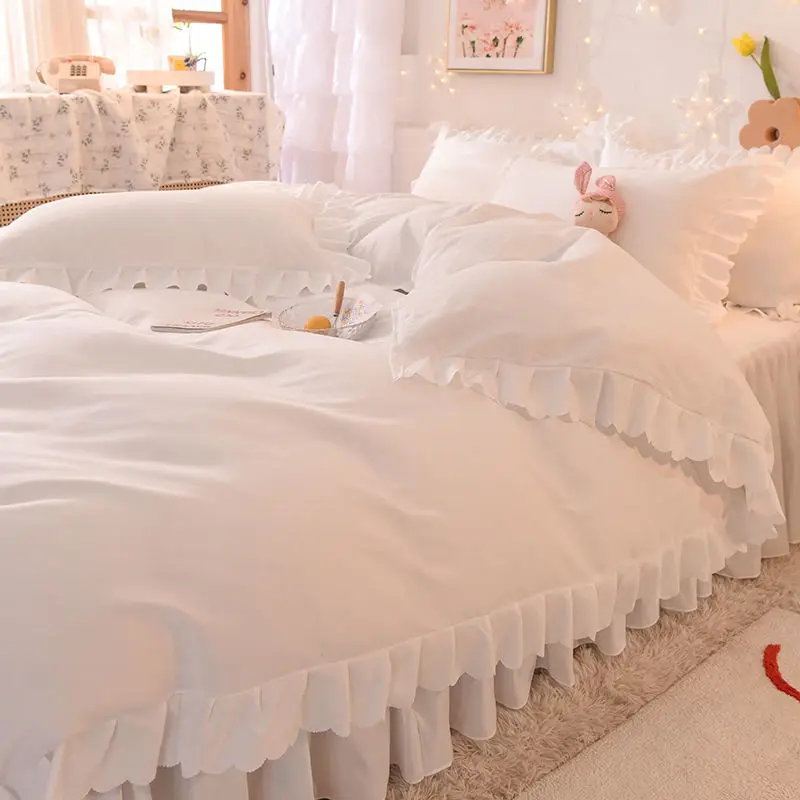 

Girl Heart Bed Skirt Four-piece Bedding Korean Princess Style Thick Sanding Quilt Cover Three-piece Set