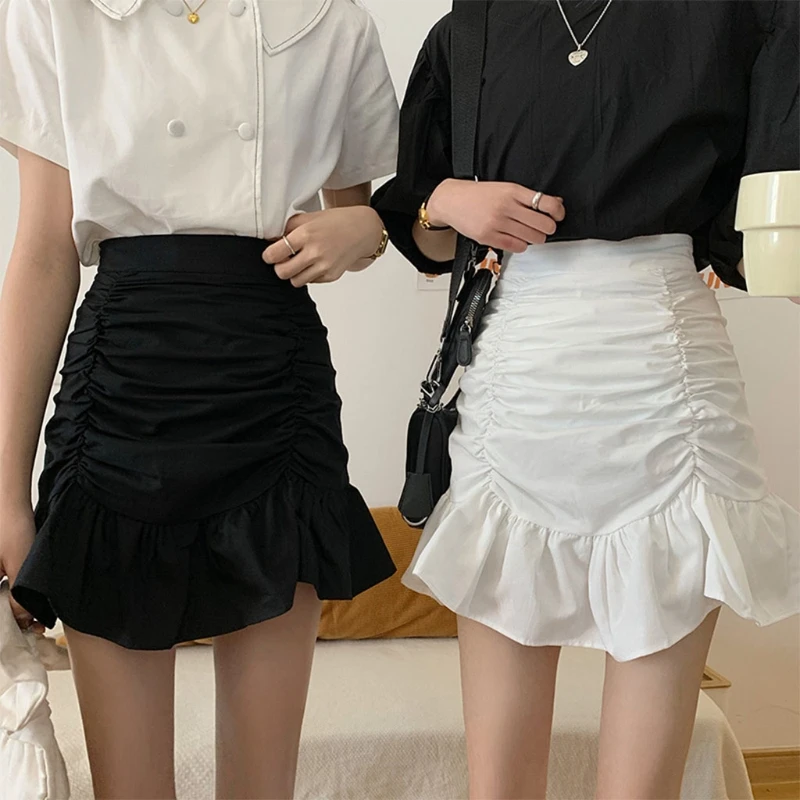 

Fashion Women Summer High Waist Ruched Ruffles Hem Slim Mini A-Line Skirt Harajuku Solid Color Sexy Package Hip Party Streetwear
