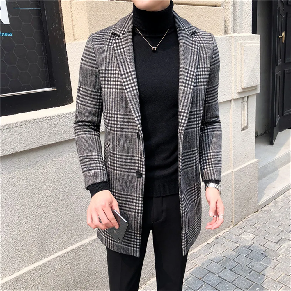 Spring/Autumn England Styl Slim Fit Wool Blend Plaid Checked Peaked Laepl Jacket One Piece Daily Men Suits Single Breasted Coat