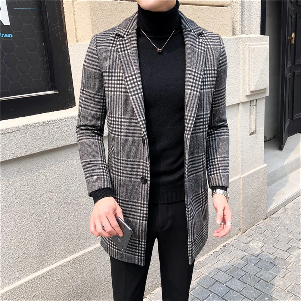 

Spring/Autumn England Styl Slim Fit Wool Blend Plaid Checked Peaked Laepl Jacket One Piece Daily Men Suits Single Breasted Coat
