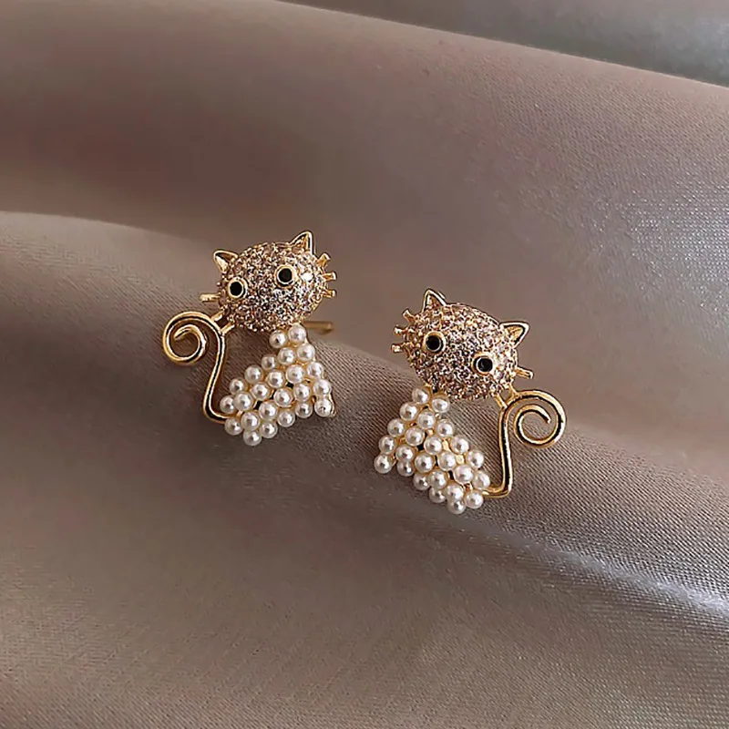 

Elegant Sweet Little Cat Stud Earrings Exquisite Pearl Stud Earrings Luxury Women's Earrings Cocktail Party Jewelry