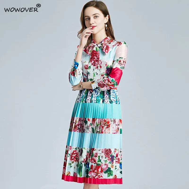 

Women Fashion Runway Designers Lace Patchwork Print Floral Spring Dress Festa Elegant Bow Collar Pleated Party Vestidos