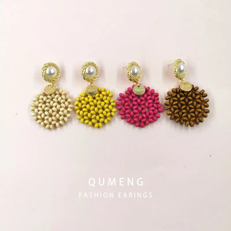 

QUMENG Korea Handmade Wooden Weave Rattan Vine pearl Earrings For Women New Fashion Geometric Stud Earrings accessories