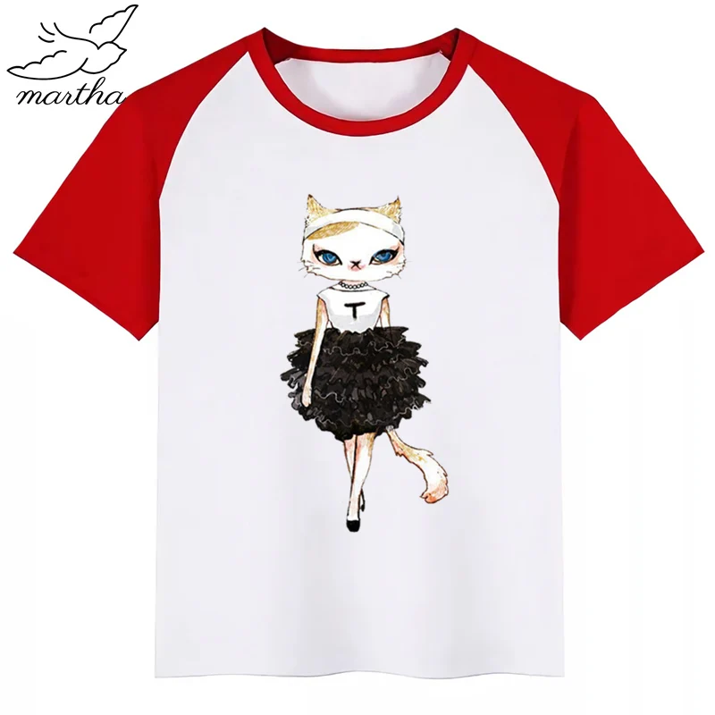 Детская модная футболка с рисунком кота для девочек Футболка круглым вырезом