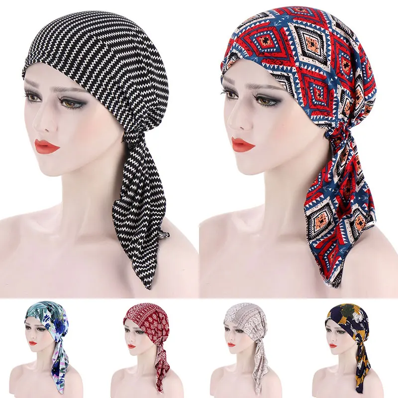 Muslim Women Printed Hijabs Hats Turban Head Head Scarf Chemo Cancer Cap Hair Loss Hat Long Tail Bow Bonnet Wide Band Wrap Cap