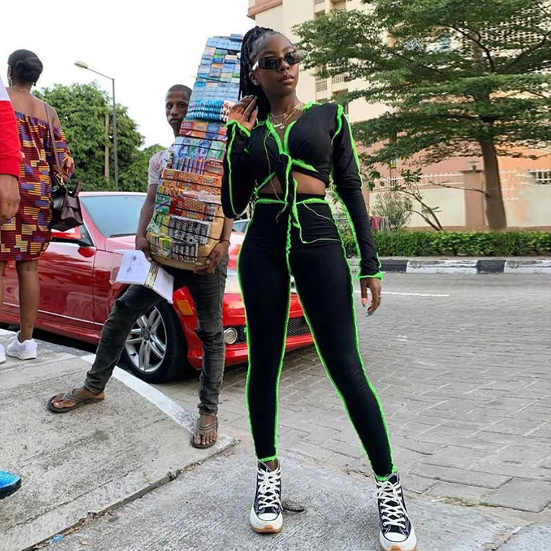 

2021 New 2 Piece Outfits Neon Green Two Pcs Black Matching Sets Autumn Tracksuits Women Striped Bandage Sling Crop Top Leggings