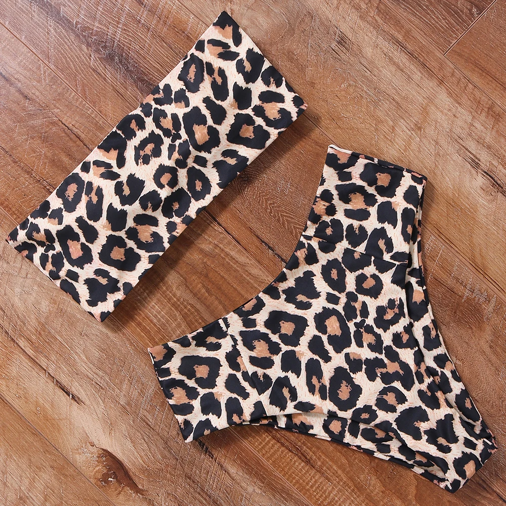 Женский леопардовый купальник бикини с высокой талией пуш ап бандо женский