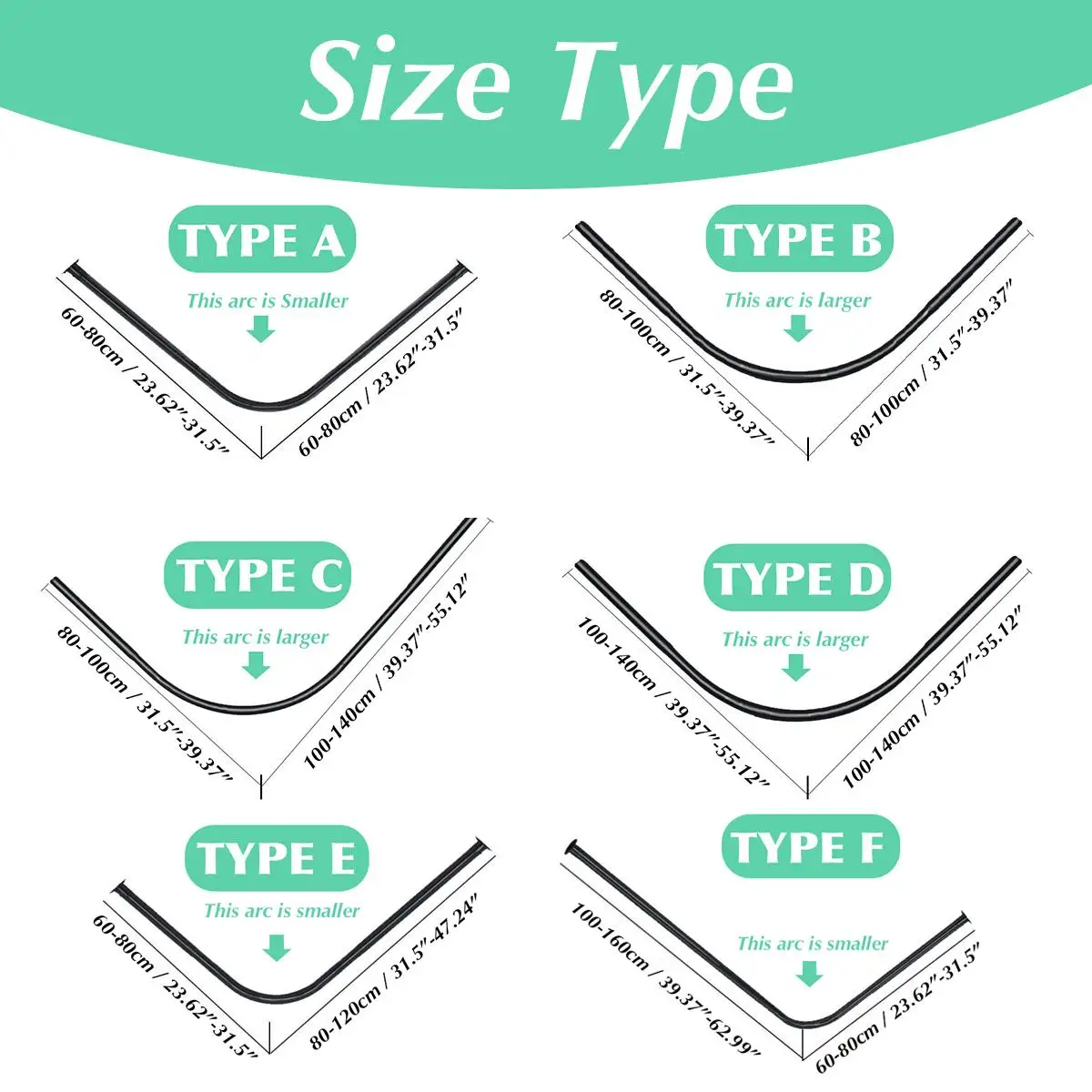 Выдвижная изогнутая штанга для душевой занавески 6 размеров черная U-образная