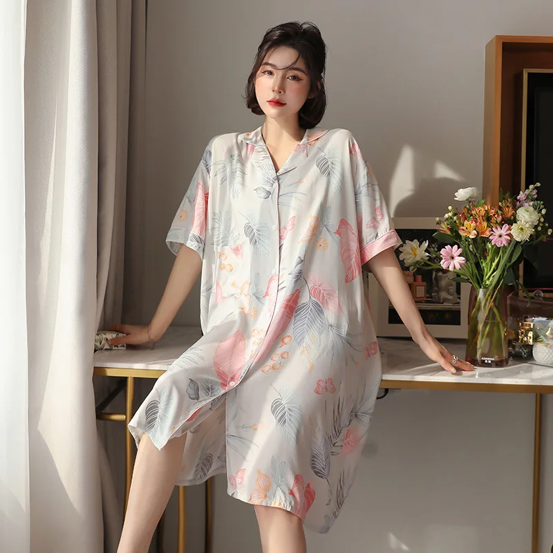 

Cotton Silk Nightdress Women's Spring Summer Thin Rayon Home Service European Version Large Size Cotton Silk Shirt Skirt Pajamas