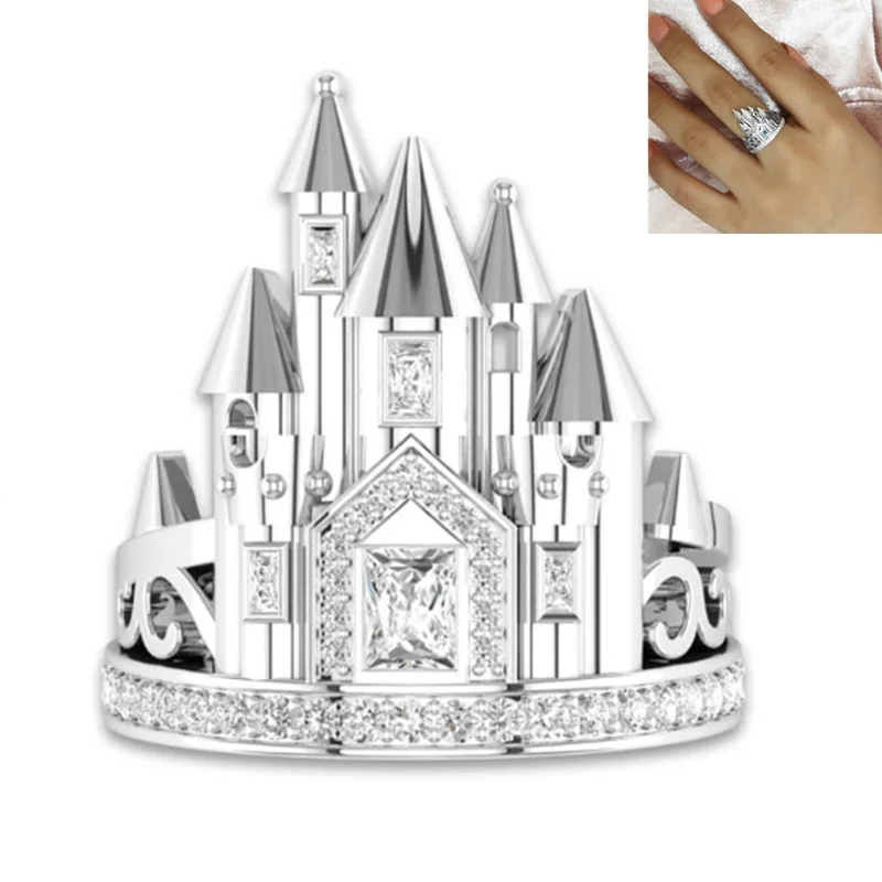 

Luxury Zircon Castle Princess Women's Ring Exquisite Fashion Geometric Valentine's Day Girl Gift Jewelry Jewelry Wholesale
