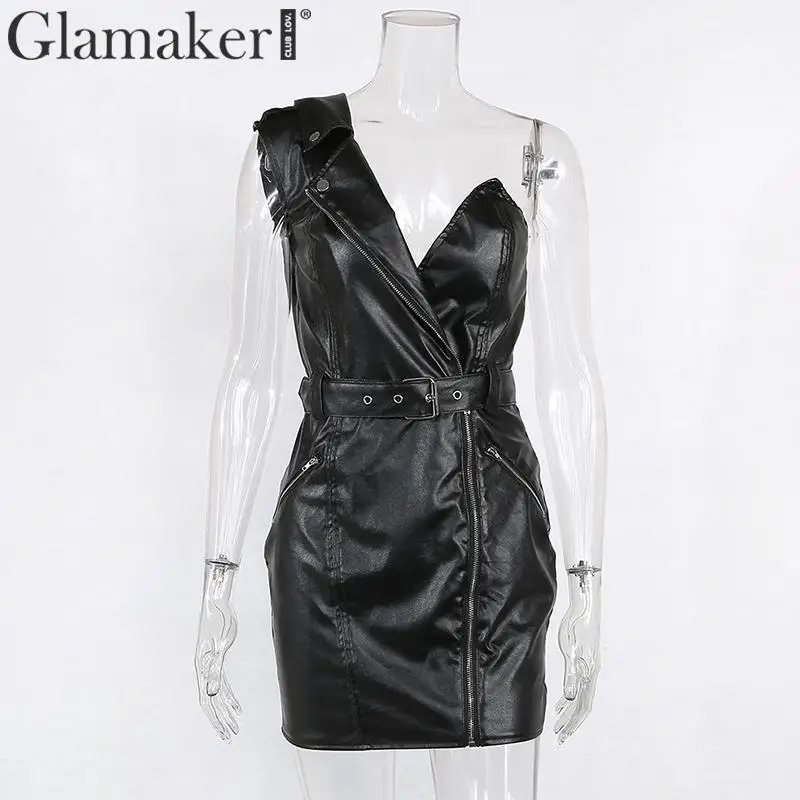 Glamaker из искусственной кожи, черное платье с открытыми плечами и ремнем, сексуальное Клубное облегающее платье на молнии, модные женские асимметричные платья с открытой спиной