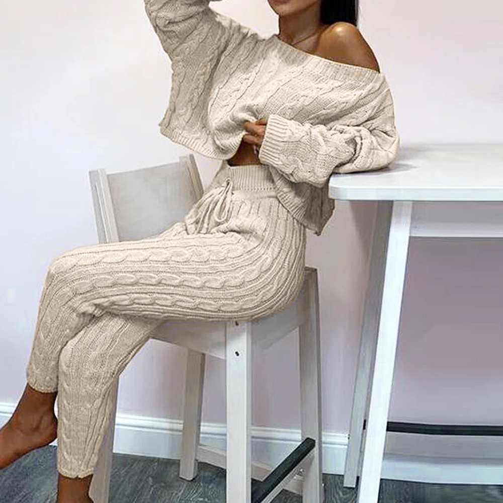 

Autumn Winter Women Knitted Tracksuit Two Piece Set Women Sweater Tops + Elastic Waist Pant Knitted Suit Women Two Piece Outfits