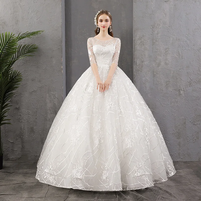 

Vestido De Noiva 2021 New Feerijt Wedding Dresse Half Sleeve O-neck Lace Up Ball Gown Princess Luxury Lace Robe De Mariee