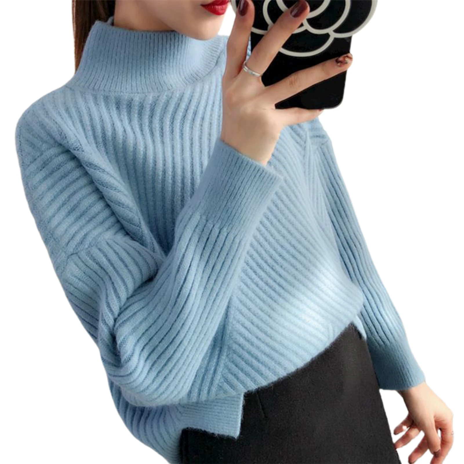 

woman Sweaters Pullover Autumn Winter Women Solid Color Mock Neck Stripe Rib Warm Knitted Sweater Knitted Sweater Women 2020
