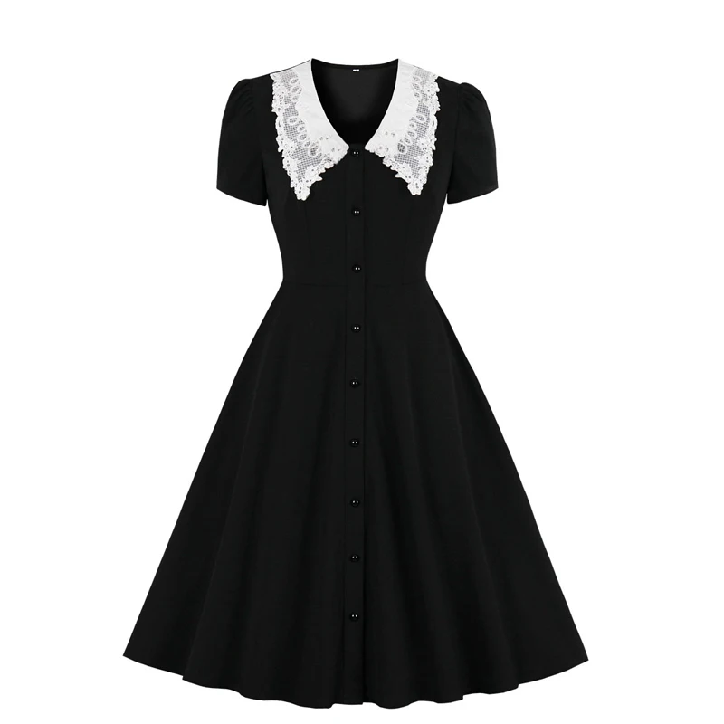 

Women Summer New Short sleeve White Lace Patchwork button Black Vintage Retro 50s 60s pin up Hepburn Style Skater Elegant dress