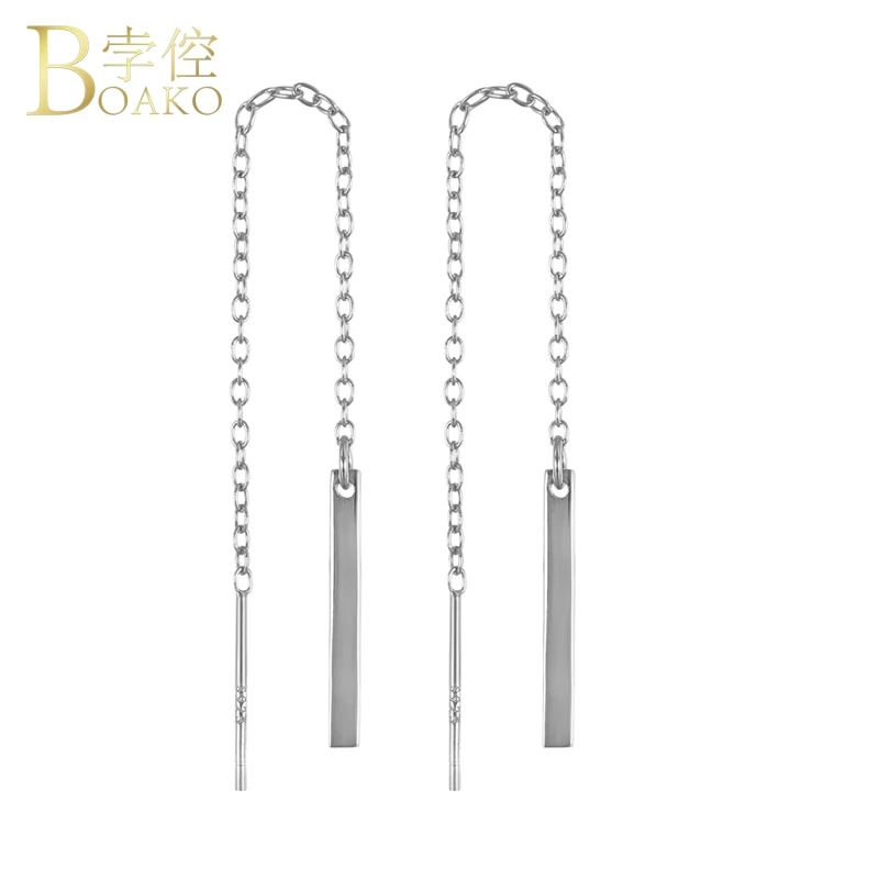 Real 925 Sterling Silver Stud Earrings For Women Long Chain Girl Gift Tassel Earring Female Geometric Pendant aretes | Украшения и