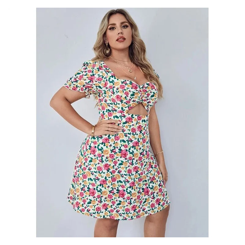 

Summer Loose Style Square Neck Hollow Sexy Short Skirt Lotus Leaf Sleeve Mid-length Plus Size Womens Mini Dress Large