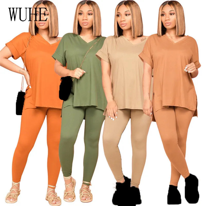 

KEXU Casual Tracksuits Outfits Short Sleeve V Neck Side Split Crop Top Tight Pencil Pants Joggers Sports Fitness Two Piece Suits