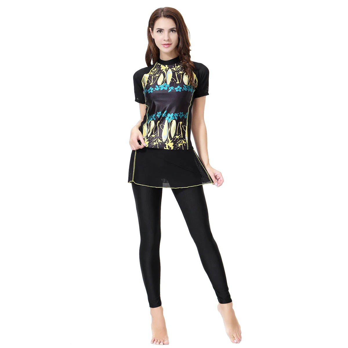 Women Printing Swimsuits Short Sleeve+skirt Leggings Muslim Swimming Wear Islamic Tankini Arabic Girls Swimmers Bathers XS-3XL