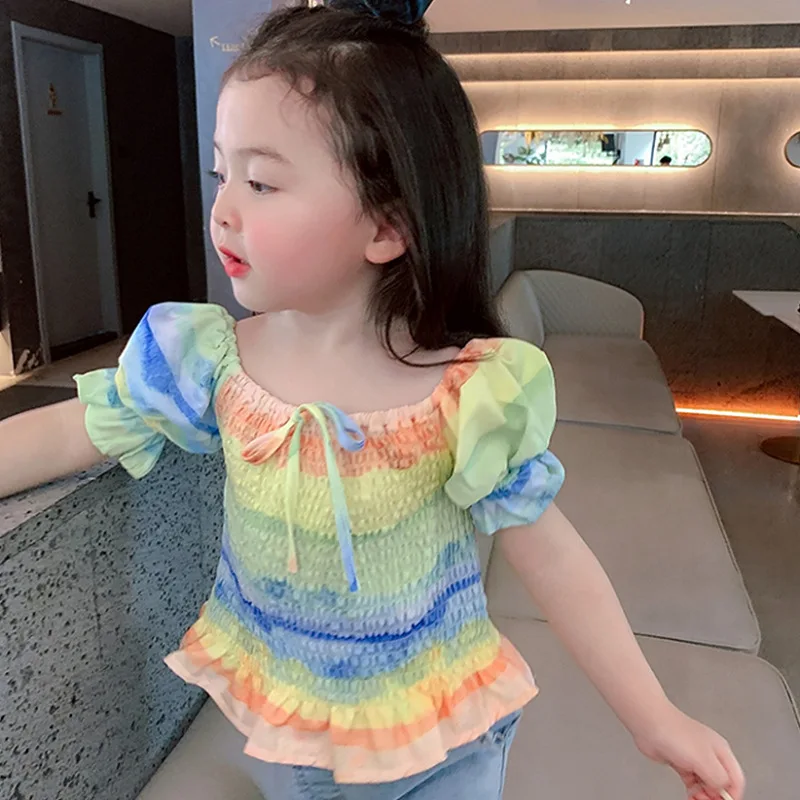 Rainbow Girls Blouses Top Summer Sweet shirt 1-6T Cute Princess Tight Puff Sleeve Fashion Blouse Fille | Мать и ребенок