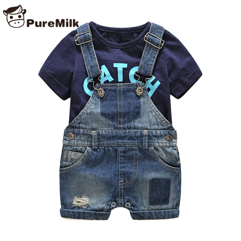 Bebes/Одежда для новорожденных; хлопковая Футболка с буквенным принтом и джинсовый комбинезон; Одежда для маленьких мальчиков; летняя одежда для детей