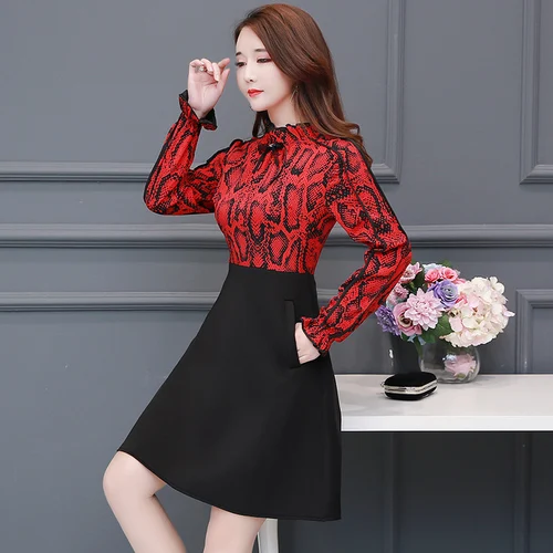 

Spring 2020 Korean Fake Two Dresses Women Print Patchwork Full Sleeve Dress Women Office A-line Knee-length Casual Dress